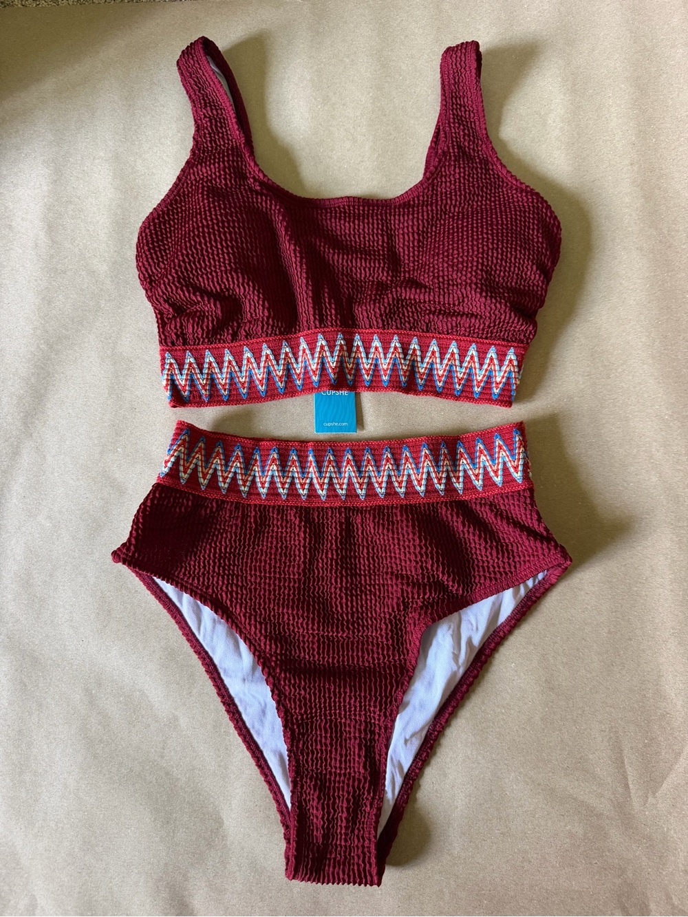 Cupshe Burgundy Textured Two-Piece Bikini with Multicolor Zigzag Trim